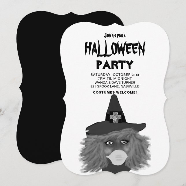 Invitation Fête d'Halloween pour sorcière noire et blanche po (Devant / Derrière)