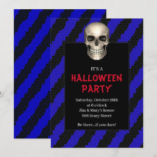 Invitation Fête d'Halloween rayure bleue crâne gothique