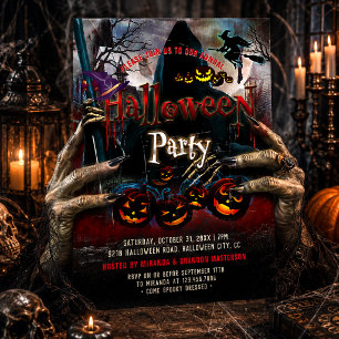 Invitation Fête d'Halloween sorcière citrouilles fantômes eff