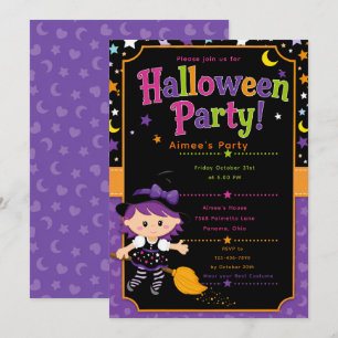 Invitation Fête d'Halloween sorcière pour filles