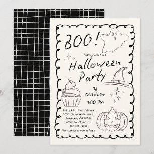 Invitation Fête d'Halloween tendance noir et blanc dessinée à