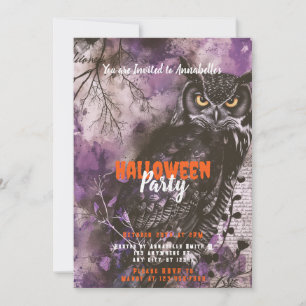 Invitation Fête d'Halloween violet de chouette chouette