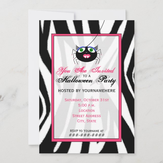 Invitation Fête d'Halloween Zebra Print et Rose Girl Spider (Devant)