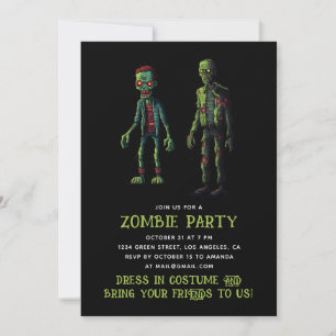 Invitation Fête d'Halloween Zombie. Funky Éffrayant vert & no