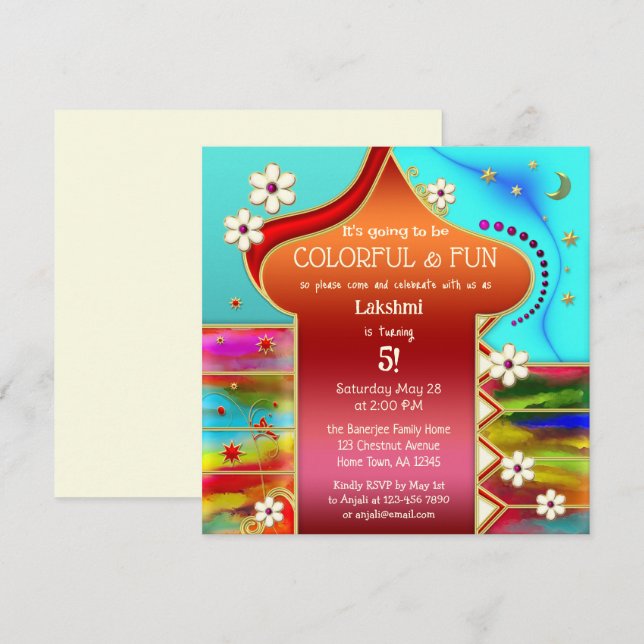 Invitation Fête d'Imaginaire Floral aux couleurs indiennes (Devant / Derrière)