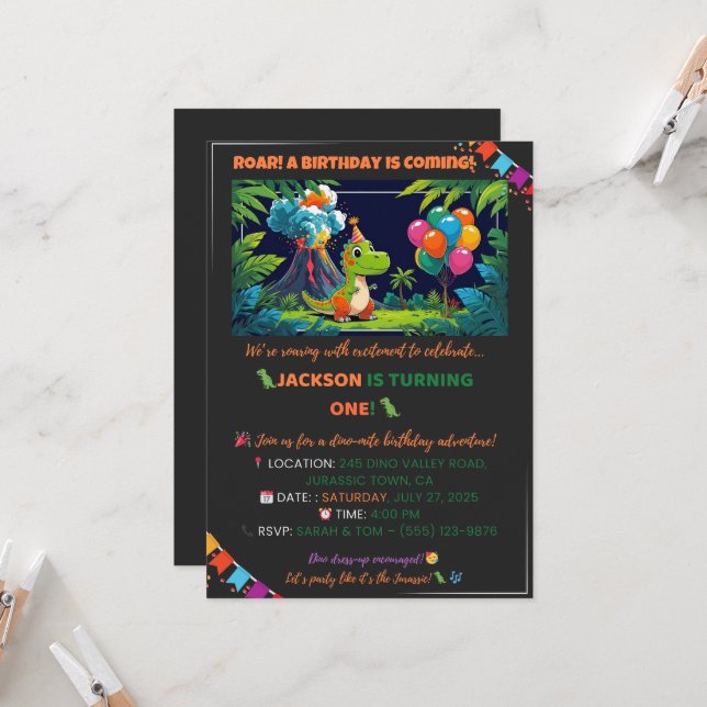 Invitation fête Dino - Modifiable (Devant/Arrière en situation)