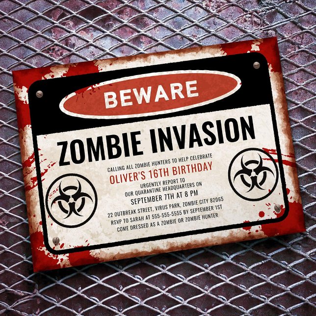 Invitation Fête d'invasion de zombies avec panneau de danger  (Créateur téléchargé)