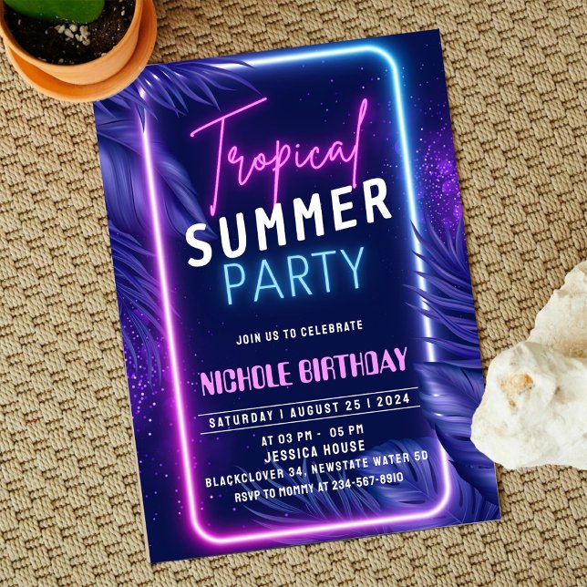 Invitation Fête d'invitation de nuit d'été tropicale (Zazzle Night Glow Birthday Invitation Party)