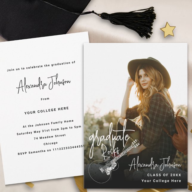 Invitation Fête d'obtention d'un diplôme de photographie mode (Modern trendy vertical photo Graduation announcement party invitation with cool country guitar )