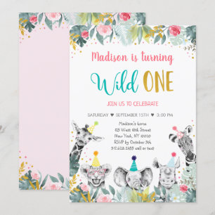 Invitation Fête d'or rose Wild One Anniversaire animal
