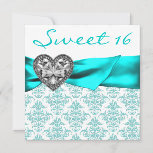 Invitation Fête douce 16 ans Cœur de Damas de sarcelle Bleu s