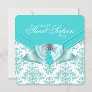 Invitation Fête douce 16 ans damas bleu sarcelle