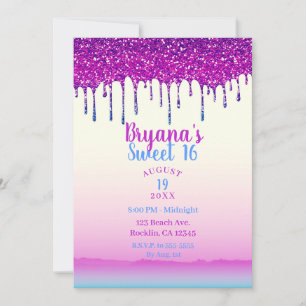Invitation Fête Douce 16 Ans Paillettes Rose Bleu Branché Gla