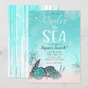Invitation Fête douce 16 ans sarcelle sous la plage aux coqui