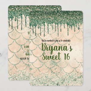 Invitation Fête Douce 16 Glitter Vert Drip Pêche Sirène