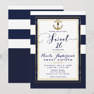 Invitation Fête douce 16 Navy Blanc & Or Ancre Naútico
