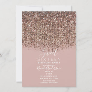 Invitation Fête Douce 16 Paillettes Bronze Taupe Rose Doré