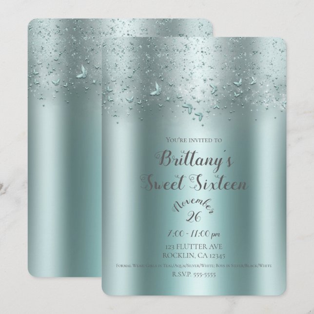 Invitation Fête douce 16 Papillon de flutter aqua sarcelle ar (Devant / Derrière)