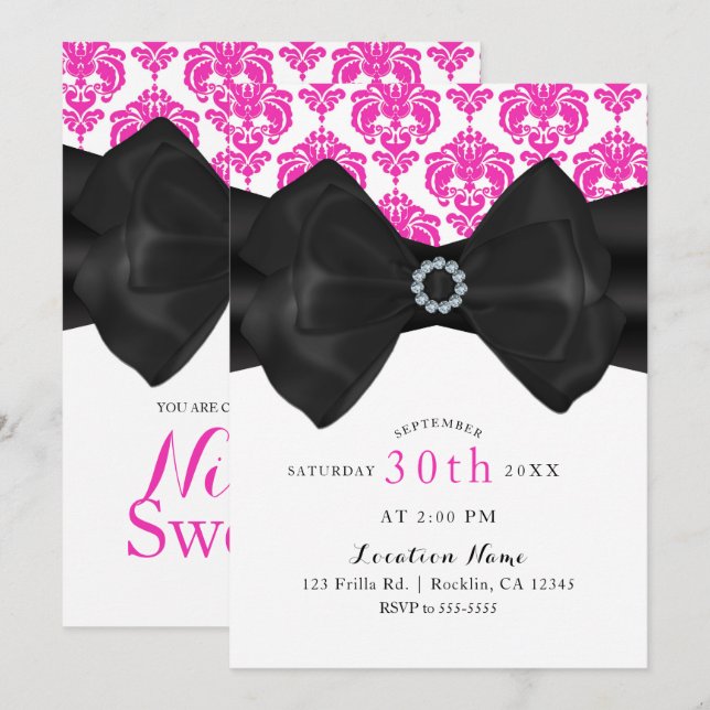 Invitation Fête douce 16 rose et blanc damassé noir noeud gla (Devant / Derrière)