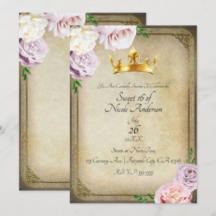 Invitation Fête Douce 16 Royale Couronne Fleurie Or Vintage