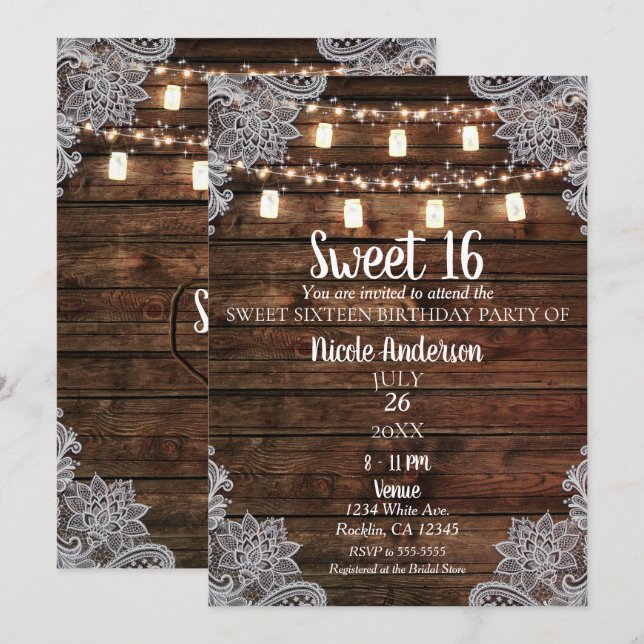 Invitation Fête Douce 16 Rustique en Bois de Grange et Pots M (Devant / Derrière)