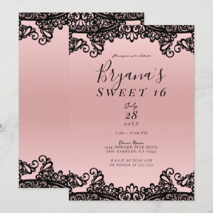 Invitation Fête Douce de 16 ans en dentelle à encre noire et 