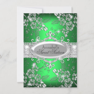 Invitation Fête Douze Ans Fleur Éclat Argenté Vert