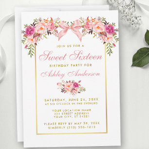 Invitation Fête Douze Ans Thème Roses Aquarelle Ruban Rose