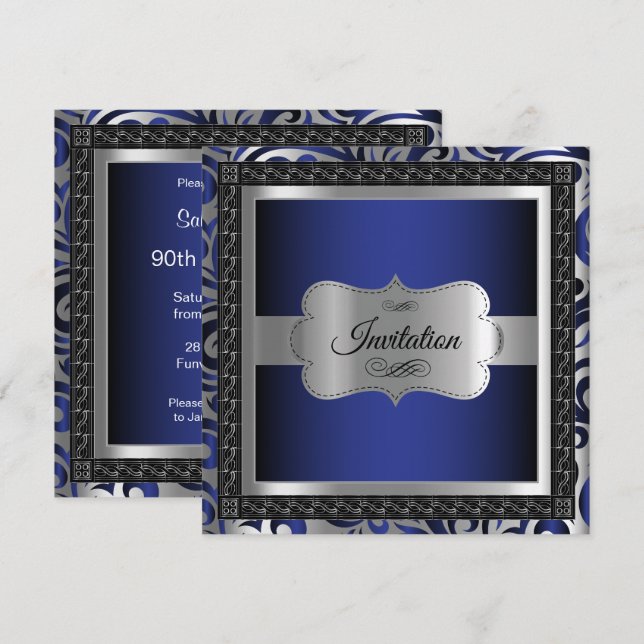 Invitation Fête du 00e anniversaire | Bleu foncé Métallique & (Devant / Derrière)