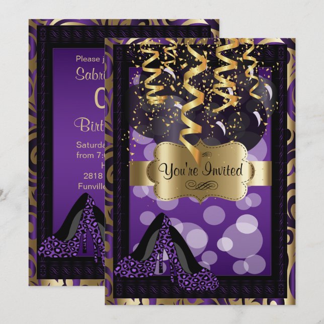 Invitation Fête du 00e anniversaire | Haut talons violets (Devant / Derrière)