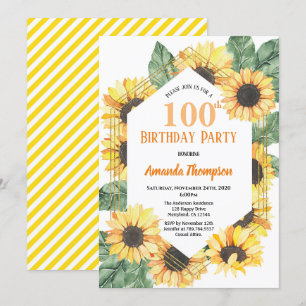 Invitation Fête du 100e anniversaire de tournesol Femmes