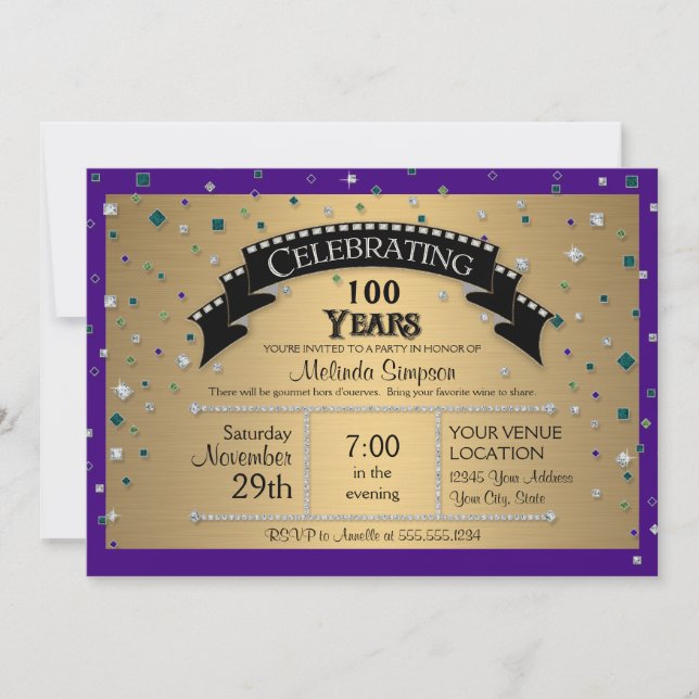 Invitation Fête du 100e anniversaire Fête Faux Jewel Confetti (Devant)