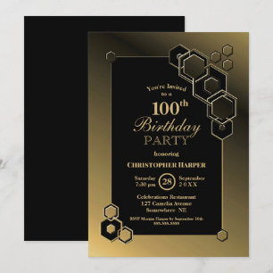 Invitation Fête du 100e anniversaire géométrique en noir et o