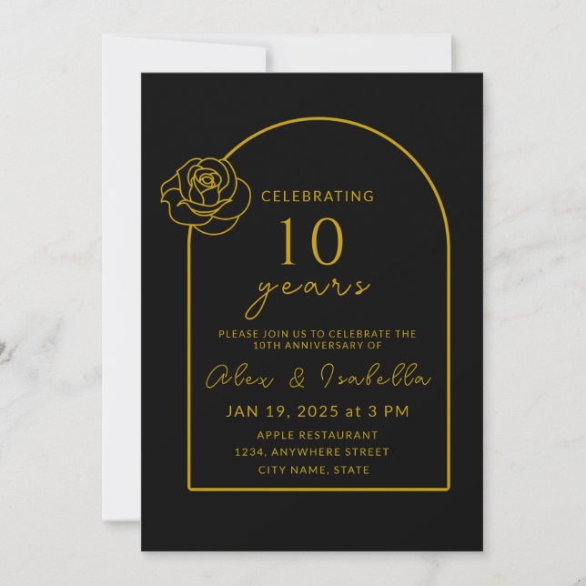 Invitation Fête du 10e anniversaire du Mariage Black & Gold (Devant)