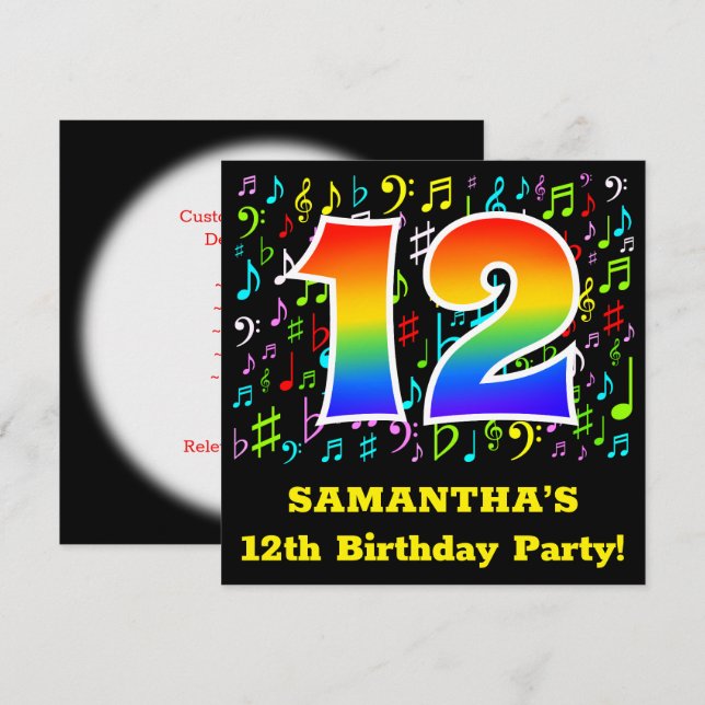 Invitation Fête du 12e anniversaire : Symboles de musique amu (Devant / Derrière)