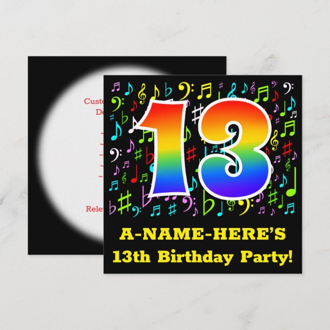 Invitation Fête du 13e anniversaire : Symboles de musique amu (Devant / Derrière)