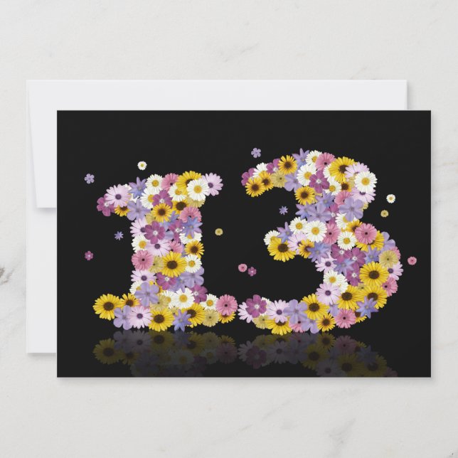 Invitation Fête du 13ème anniversaire, avec des lettres fleur (Devant)