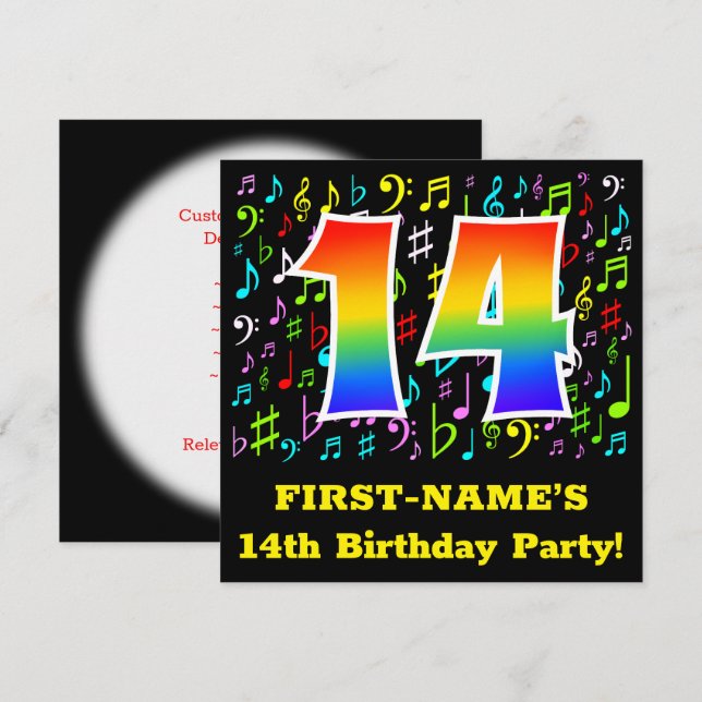 Invitation Fête du 14e anniversaire : Symboles de musique amu (Devant / Derrière)