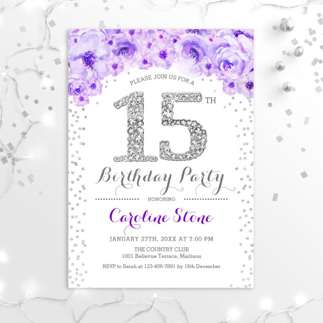 Invitation Fête du 15e anniversaire - Blanc Argent violet (Créateur téléchargé)