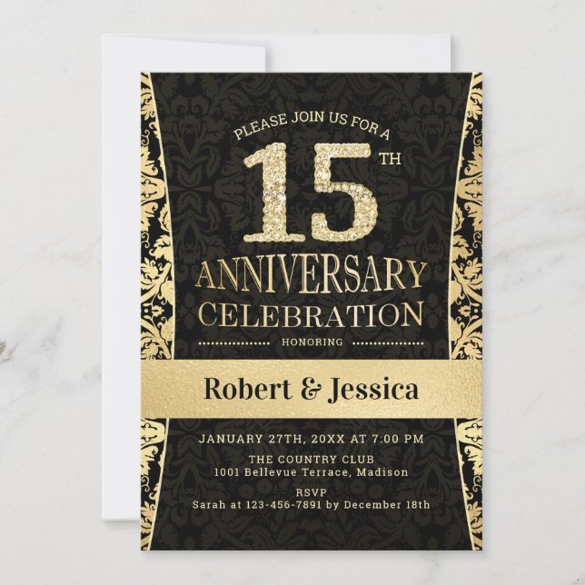 Invitation Fête du 15e Anniversaire - Or Noir (Devant)