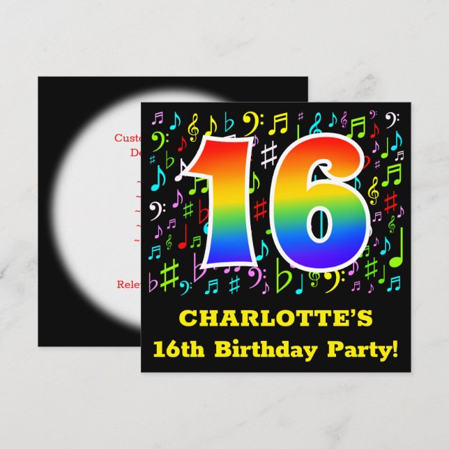 Invitation Fête du 16e anniversaire : Symboles de musique amu (Devant / Derrière)