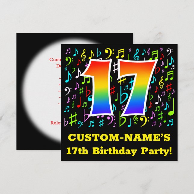 Invitation Fête du 17e anniversaire : Symboles de musique amu (Devant / Derrière)