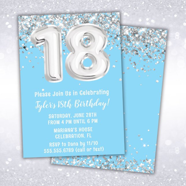 Invitation Fête du 18e anniversaire en argent bleu clair (Créateur téléchargé)