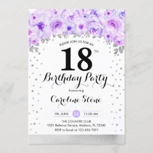 Invitation Fête du 18e anniversaire - Fleurs violettes argent