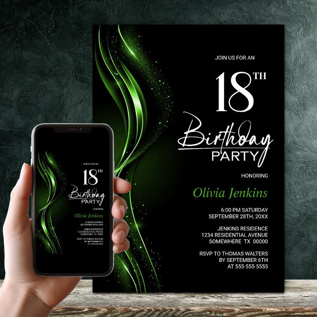 Invitation Fête du 18e anniversaire, noir et vert élégant (Créateur téléchargé)