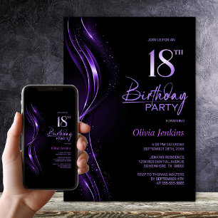Invitation Fête du 18e anniversaire, noir et violet élégant