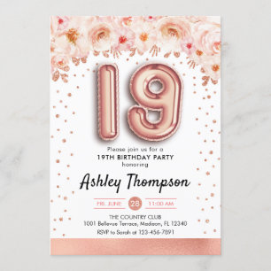 Invitation Fête du 19e anniversaire - Ballons d'or Rose