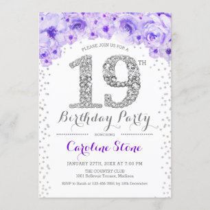 Invitation Fête du 19e anniversaire - Blanc Argent violet
