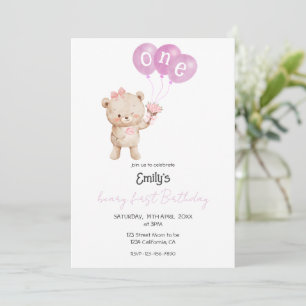 Invitation Fête du 1er anniversaire de fille avec un ours en