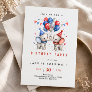 Invitation Fête du 1er anniversaire de l'éléphant rouge bleu
